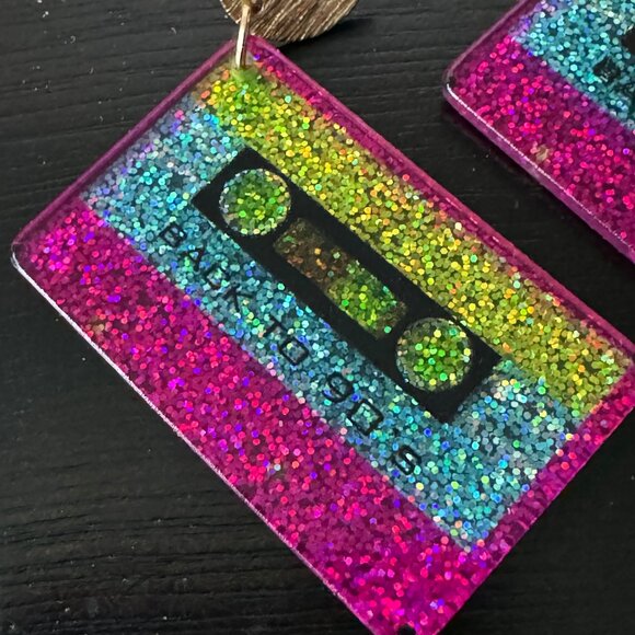 NEW Retro Glitter Cassette Tape Dangle Earrings - Picture 3 of 5